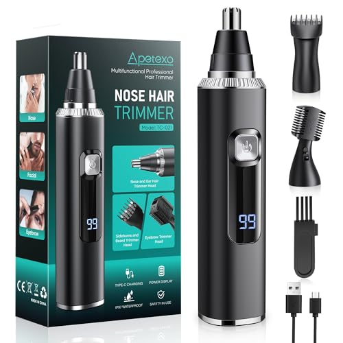 Nose Hair Trimmer for Men and Women, Type-C Rechargeable Precision Groomer with Double-Edged Blades, Painless & IPX7 Waterproof Design for Nose, Ears, Eyebrows and Facial Hair - Black