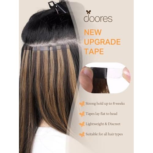 DOORES Tape in Hair Extensions Human Hair, Jet Black 20 Inch 50g 20pcs,Skin Weft Seamless Tape in Real Remy Straight Hair for Women