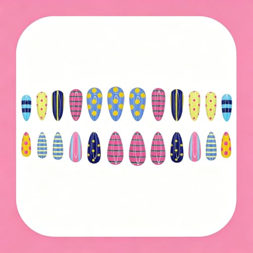Colorful Medium Almond Press-On Nails with Stripe & Polka Dot Design - 24Pcs