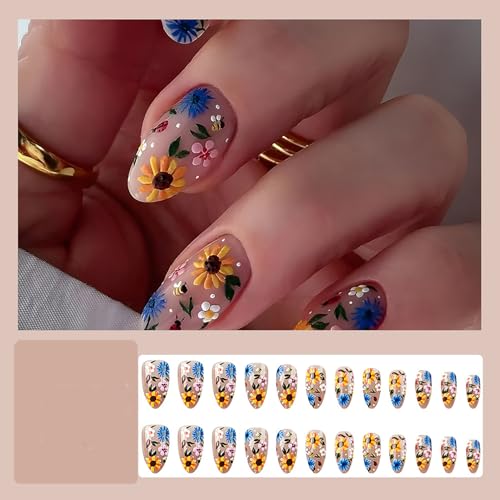Dulyork 24 Pcs Medium Almond Flower Press On Nails - Spring Floral Designs