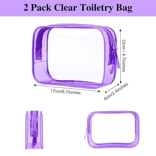 PLULON 2-Pack TSA Approved Clear Travel Toiletry Bags - Purple