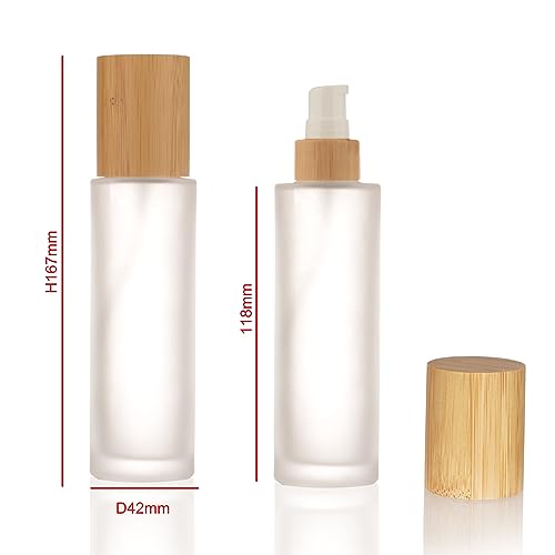 COSIDEA 100ml Bamboo Lid Frosted Glass Lotion Pump Bottles - 4 Pack