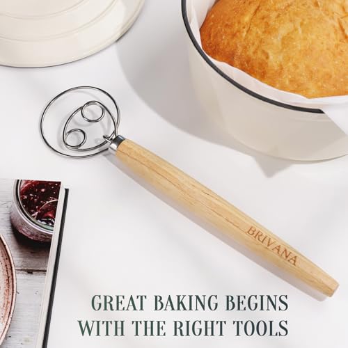 Danish Dough Whisk 13-Inch - Double Loop Bread Mixer with Wooden Handle