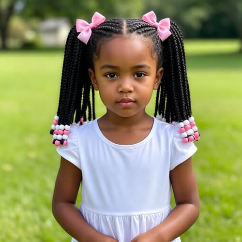 YOROSTAR Kids Ponytail Box Braids with Beads - 10 Inch Pink Beads, 2 Pieces