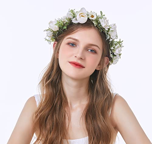 Women's White Floral Crown Headband - Adjustable Halo Headpiece F