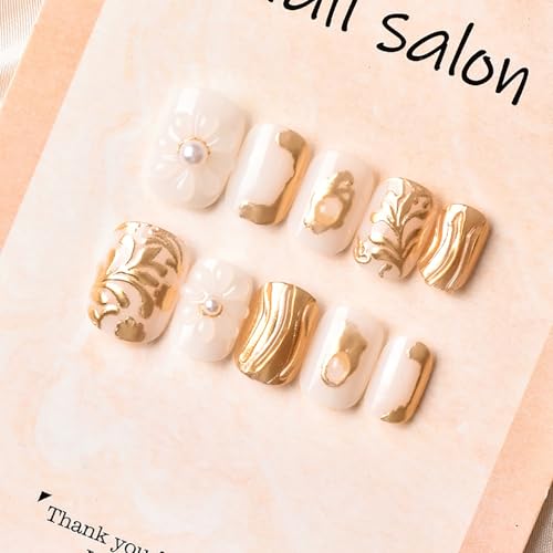 KEHKFSEF 30pcs Flower Press On Nails Short Square White Glossy with 3D Floral Glitter Leaves for Women - Variation 03