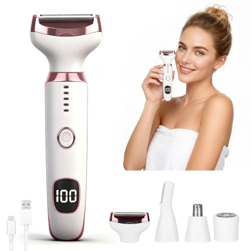 Wet & Dry Electric Razor for Women Men,4 in 1 Rechargeable Led Display Electric Shaver and Facial Hair Remover,Painless Ladies Body Razors for Nose Face Body Leg Bikini Arm Hair (White)