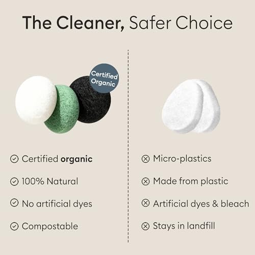 Organic Konjac Facial Sponges 3-Pack with Bamboo Charcoal & Green Clay