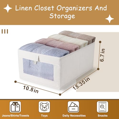 Collapsible Linen Storage Bins 3-Pack with Clear Window | Beige 16x11x7