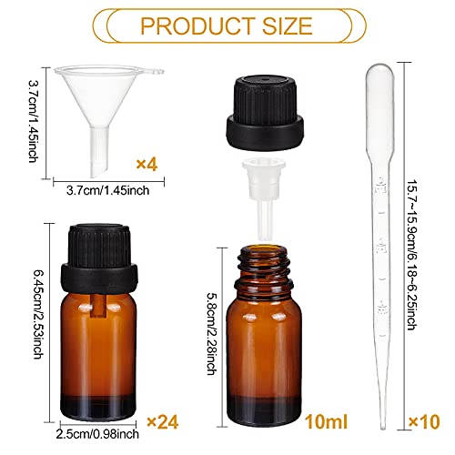 BENECREAT 24 Pack 10ml Brown Glass Essential Oil Bottles with Droppers & Funnels