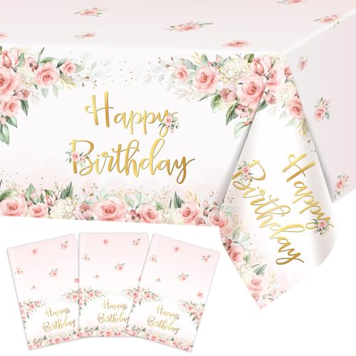 Rose Gold Floral Birthday Tablecloths - 3 Pack, 108 x 54 Inch