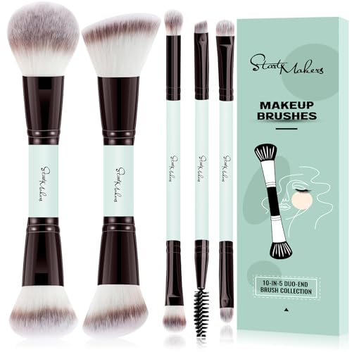 START MAKERS 5-Piece Dual-Ended makeup brush set (Black Gold + Light Blue) for foundation, contour, concealer, blush, powder & eyeshadow