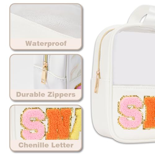 Snacks Bag Clear Chenille Varsity Letter Zipper Pouch Travel Makeup Bag Aesthetic Storage Organizer Pouches for Women with Glitter Patch Letters