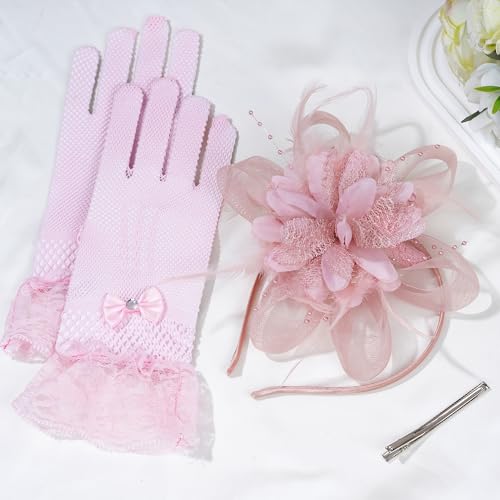 Elegant Women's Fascinator Hat with Lace Gloves for Tea Parties