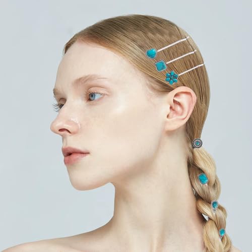 7-Pack Turquoise Retro Hair Clips for Women & Girls - Vintage Metal Barrettes