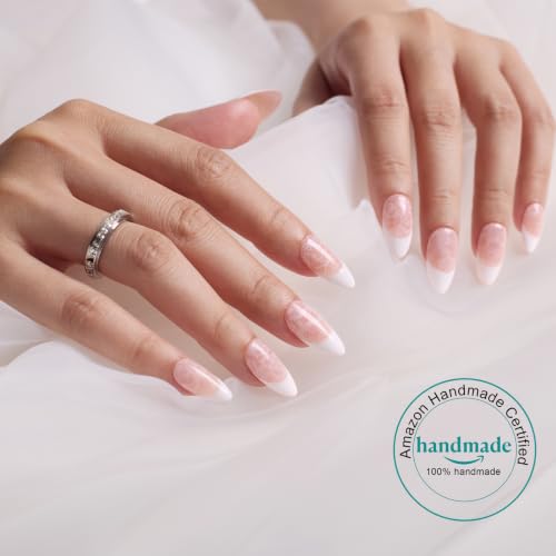 MOKAYIMO Handmade White Lace French Tip Press On Nails, Size L
