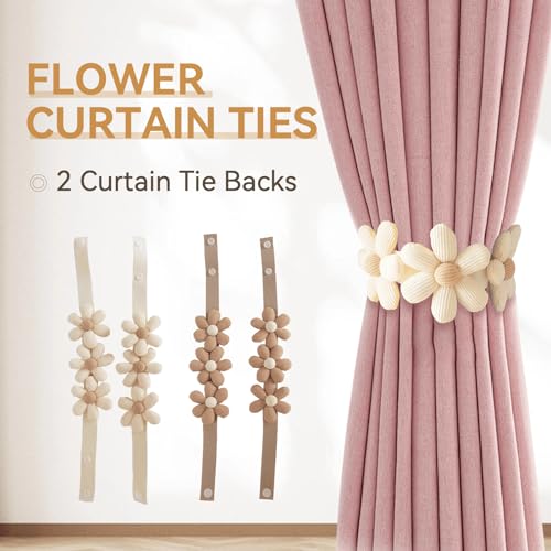 Flower Curtain Tiebacks - 2 Pack Decorative Holdbacks with Buttons