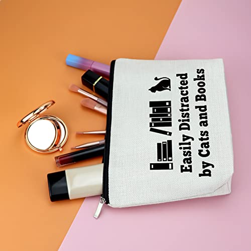 Easily Distracted by Cats and Books Makeup Bag - Cat & Book Lover Gift, Travel Cosmetic Pouch for Women