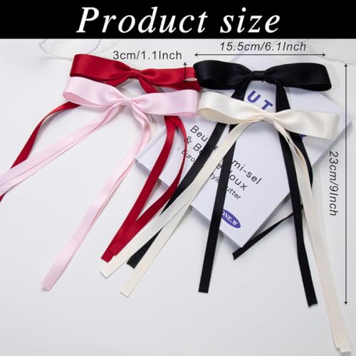 Mythos 4-Piece Long Tail Ribbon Hair Bow Clips for Women