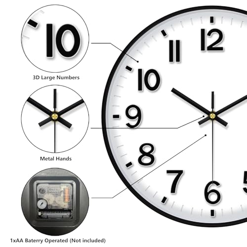 Silent Analog Wall Clock - 12 Inch Battery Operated, Easy-to-Read Design for Home & Office