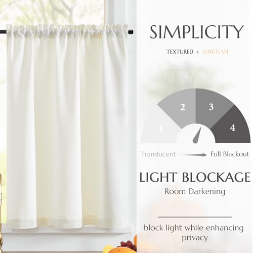 Faux Linen Kitchen Curtains - 36 Inch Farmhouse Tier Drapes, White (2 Panels)