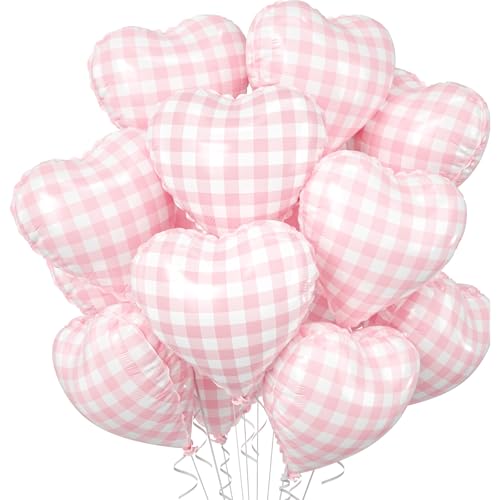 10PCS Pink Checkered Heart Foil Balloons - 18 Inch Party Decor