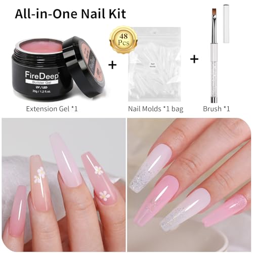 Firedeep Nude Builder Gel Kit 35g (1.23 oz) 3-in-1 | Includes Nail Tips, Brush & Model