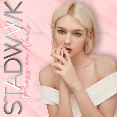 STADWWK 30Pcs Short Almond Press On Nails with 3D Flower Bead Stars Design, Reusable Pink Nude Fake Nails for Summer Manicure