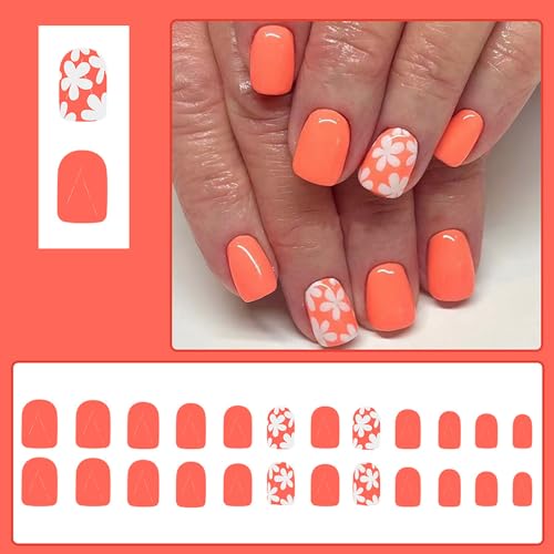 24Pcs Orange Flower Press on Nails - Short Square Acrylics