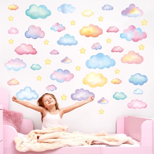 Soft Pastel Watercolor Cloud and Star Wall Stickers for Nursery