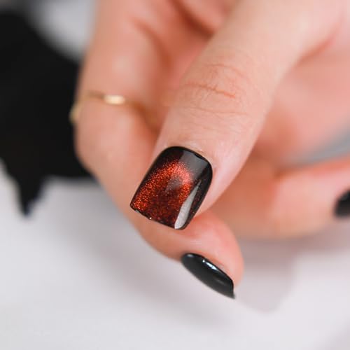 MAOTTIE Yellow Discoloration Cat Eye Short Press-On Nails 24pcs, 12 Sizes, Glue-On Reusable UV Finish