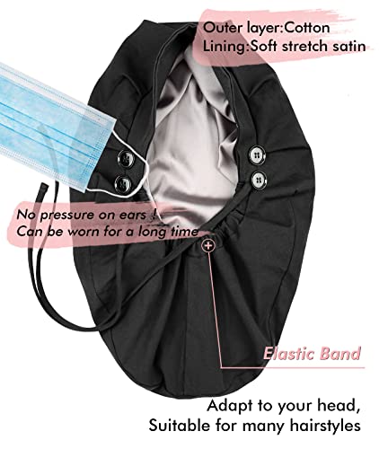 Black Satin Lined Work Cap with Button for Long Hair Women