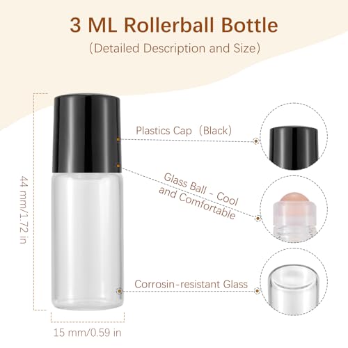 50 Pack 3ml Glass Roller Bottles - Leak-Proof Refillable Essential Oil Vials