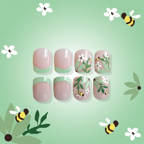 Green French Tip Press-On Nails | Floral Design, 24 Pcs