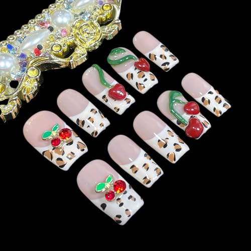BByogooz Cherry Bouquet Handmade Press-On Nails with 3D Cherry Embellishments - S