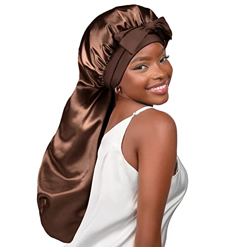 Large Brown Silk Feeling Sleep Bonnet for Long Hair & Braids - Secure Fit