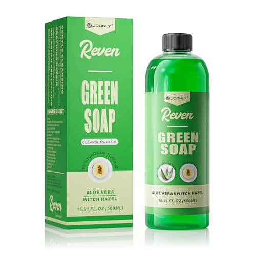 Jconly 16.9oz Alcohol-Free Green Tattoo Soap with Witch Hazel & Aloe Vera - Skin Care & Ink Removal Solution, Foaming Bottle Included