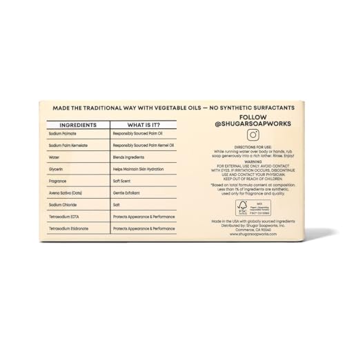 Shugar Soapworks Oatmeal & Lemon Verbena Beauty Bar Soap - 5 oz Vegan Exfoliating Cleanser