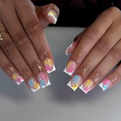 Floral Short Square Press On Nails Set for Women - Summer Flower Design, Glue-On Fake Nails