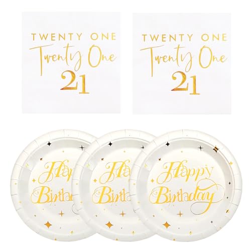 Elegant White and Gold 21st Birthday Party Tableware Set for 20
