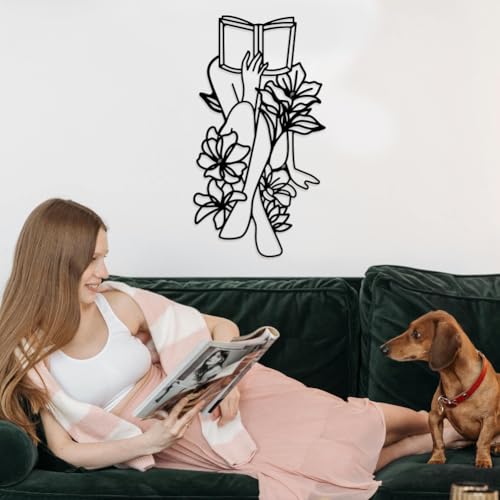 Elegant Black Woman Reading Flowers Metal Wall Art Decor