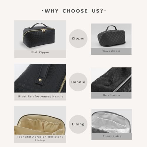 JINYIBAGS Black Large Travel Makeup Bag with Waterproof PU Leather & Double Zipper - Organizer for Women