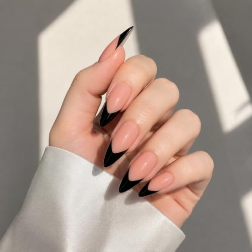 Handmade Long Stiletto Press-On Nails - Glossy Black French Tip Design