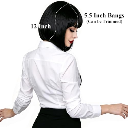 Black 12 Inch Synthetic Bob Wig with Bangs for Women - Nereyda