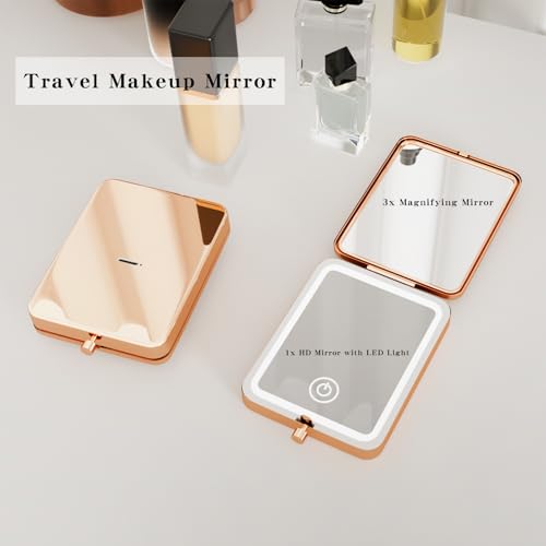 PDOZV LED Compact Makeup Mirror, 1x/3x Magnifying Portable Travel Mirror