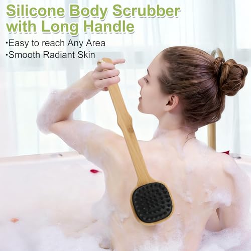 QEYMN Black 1pcs Silicone Back Scrubber with Long Bamboo Handle - Dual-Sided Shower Brush for Exfoliation & Massage