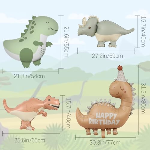 Giant 3D Dinosaur Balloons Set - 4 Pcs Self-Standing Foil Balloons for Birthday Party