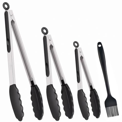 Headaze Kitchen Tongs Set of 4 with Silicone Tips and Brush