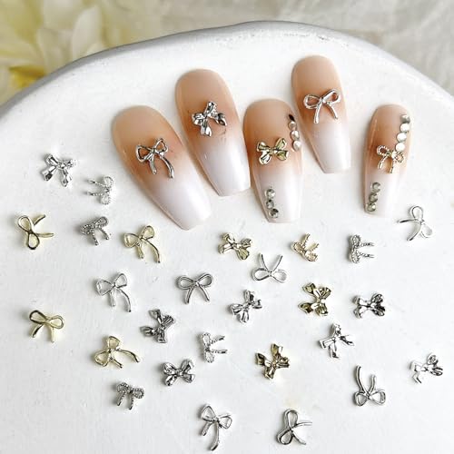 120Pcs Mixed 3D Metal Bow Nail Charms - Gold & Silver Nail Art Accessories