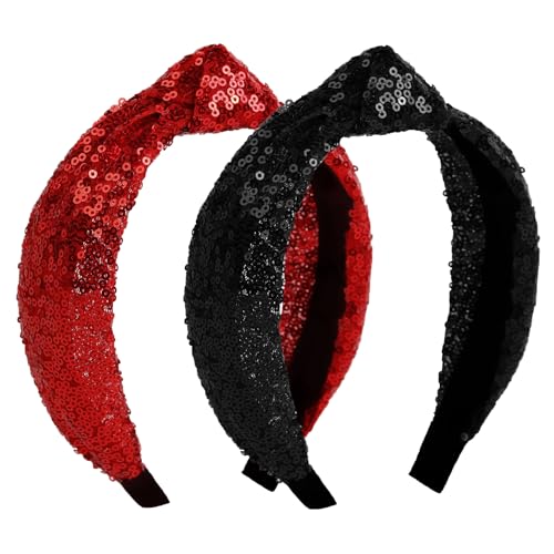 Huachi Sequin Headbands for Women & Girls - Black & Red Holiday Knot Hair Accessories